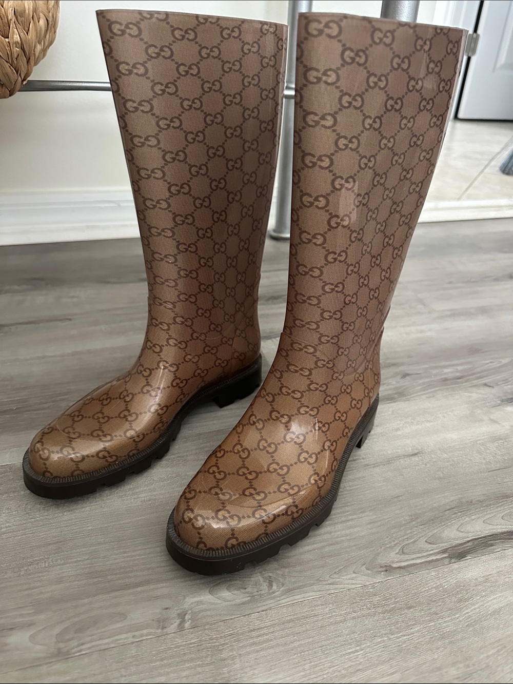 Gucci Brown GG Monogram Knee-High Rain Boots